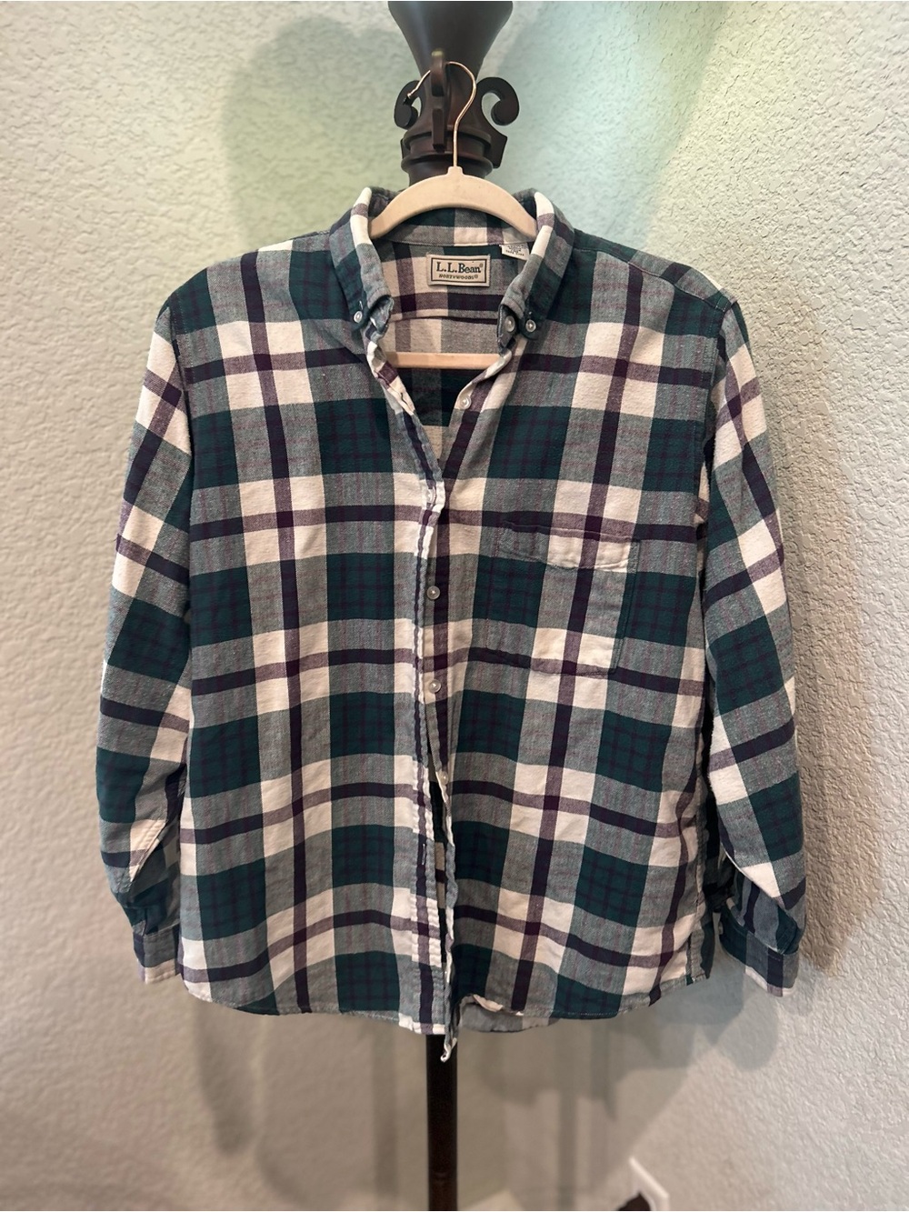 L.L. Bean Men's Teal, White & Dark Purple Plaid Button-Down Shirt